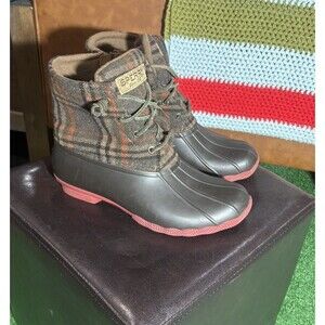 Sperry Saltwater Womens Duck Boots Size 7 Brown Plaid Flannel Wool Ankle Zip YKK